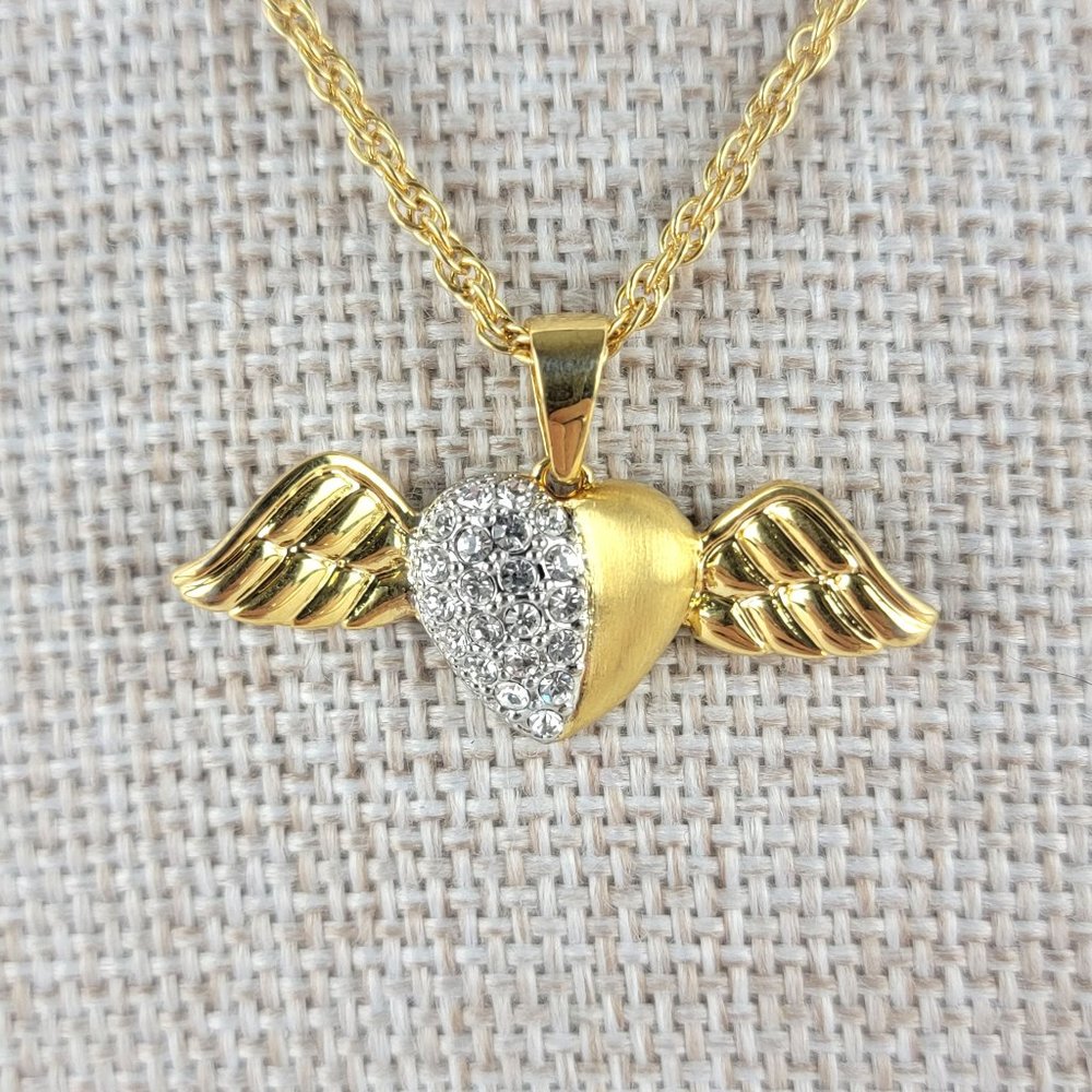 Gold Plated Heart Wing Pave Jeweled Necklace NWT